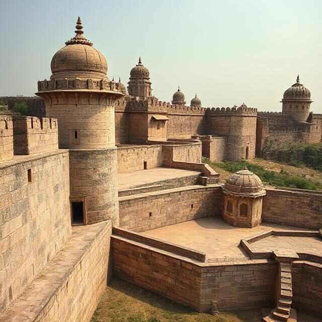 Medieval Indian fort architecture with domes and stone walls, representing political and cultural history.