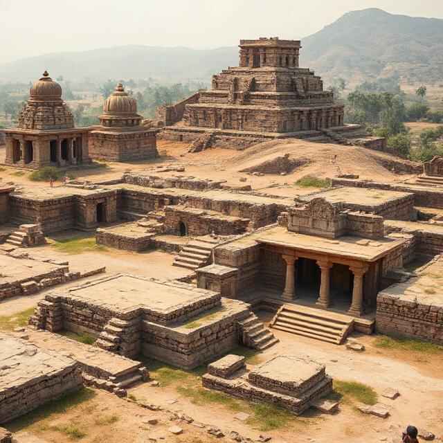 Ancient Indian civilization archaeological ruins with detailed stone structures and art, educational historical image.