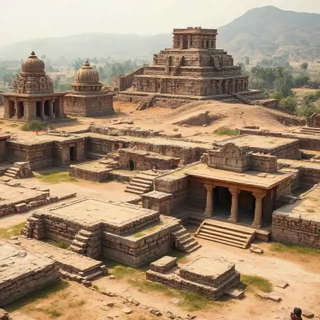 Ancient Indian civilization archaeological ruins with detailed stone structures and art, educational historical image.