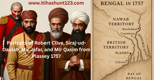 Portraits of Robert Clive, Siraj-ud-Daulah, Mir Jafar, and Mir Qasim from Plassey 1757