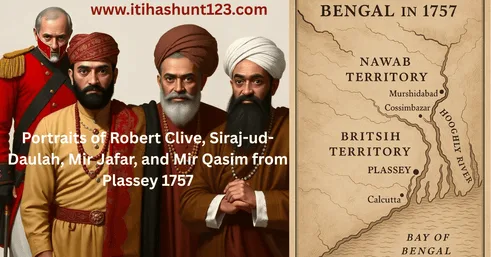 Portraits of Robert Clive, Siraj-ud-Daulah, Mir Jafar, and Mir Qasim from Plassey 1757