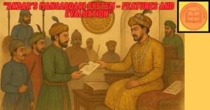"अकबर की दरबार में मनसबदारों को आदेश और पद देते हुए – मनसबदारी व्यवस्था"