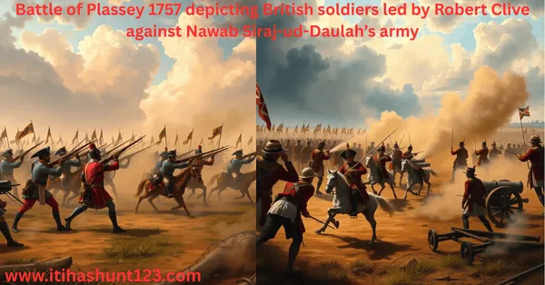 battle+of+plassey+1757+depicting+british+soldiers+led+by+robert+clive+against+nawab+siraj ud daulah’s+army