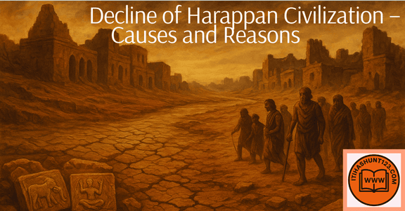 Decline of Harappan Civilization with abandoned city, dried river, broken seals and ruins