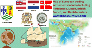 map of european trading settlements in india including portuguese, dutch, british, french, and danish centers. (4) (3)