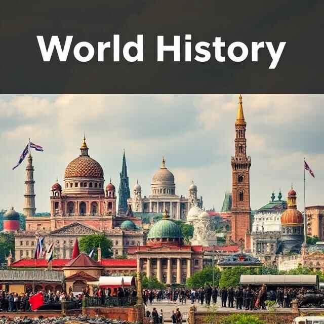 Global historical events with iconic monuments and symbols of revolutions and world wars.