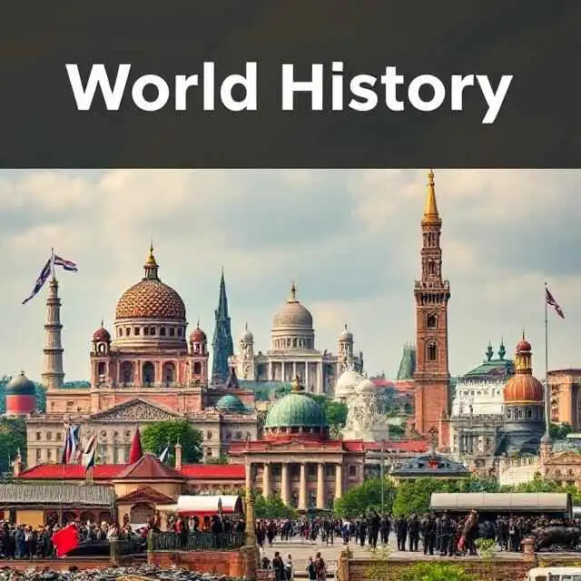 Global historical events with iconic monuments and symbols of revolutions and world wars.