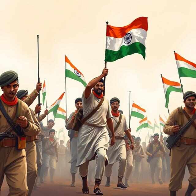 Indian freedom fighters during the independence movement, depicting historical protest and struggle.