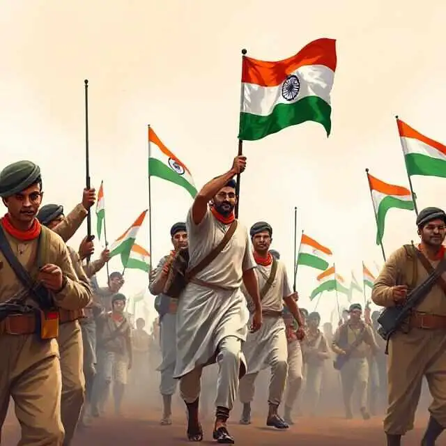 Indian freedom fighters during the independence movement, depicting historical protest and struggle.
