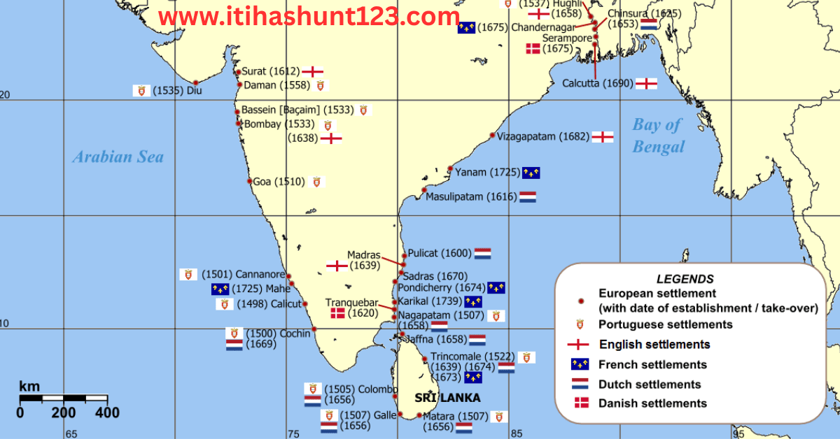 "भारत का मानचित्र – यूरोपीय कंपनियों का आगमन और व्यापारिक केंद्र, पुर्तगाली, डच, अंग्रेज़ और फ्रांसीसी ईस्ट इंडिया कंपनियों के प्रमुख ठिकाने।"
