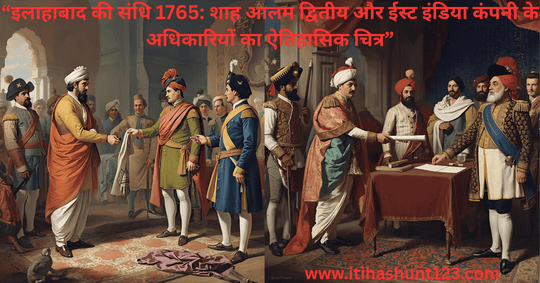 “इलाहाबाद की संधि 1765: शाह आलम द्वितीय और ईस्ट इंडिया कंपनी के अधिकारियों का ऐतिहासिक चित्र”