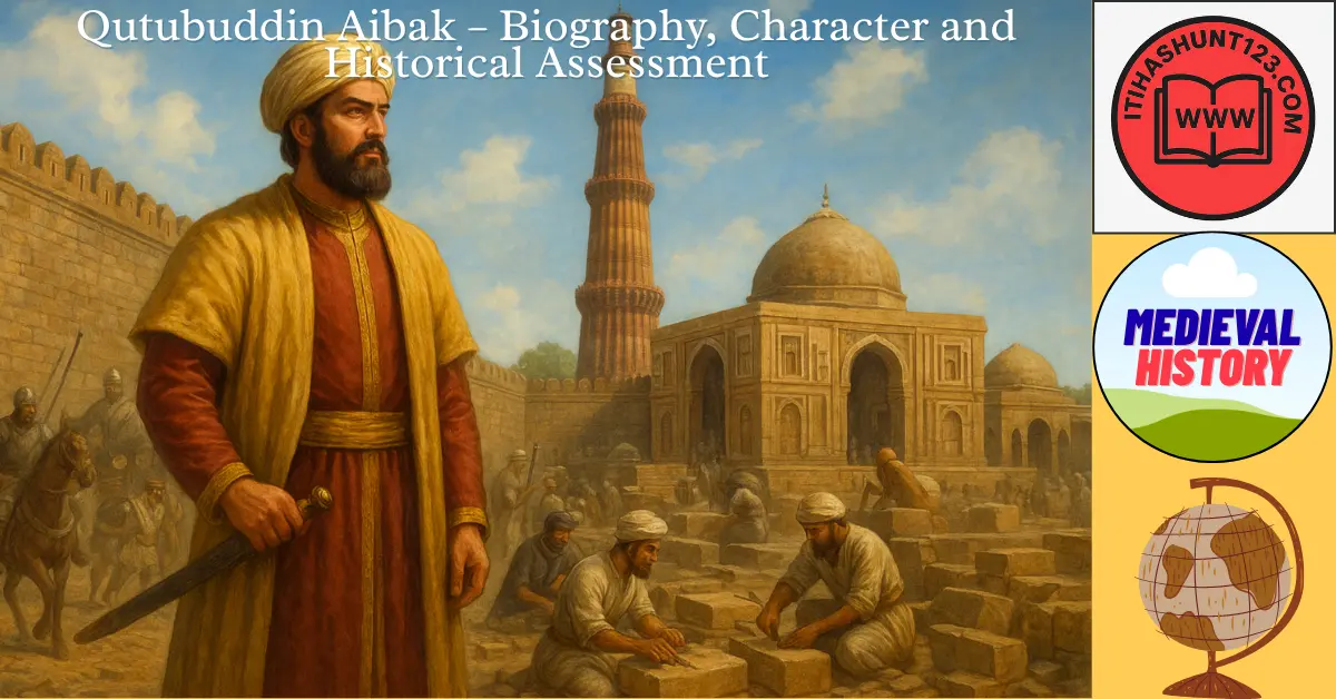 A realistic historical painting of Qutubuddin Aibak, the first Sultan of Delhi, overseeing the foundation of the Delhi Sultanate.