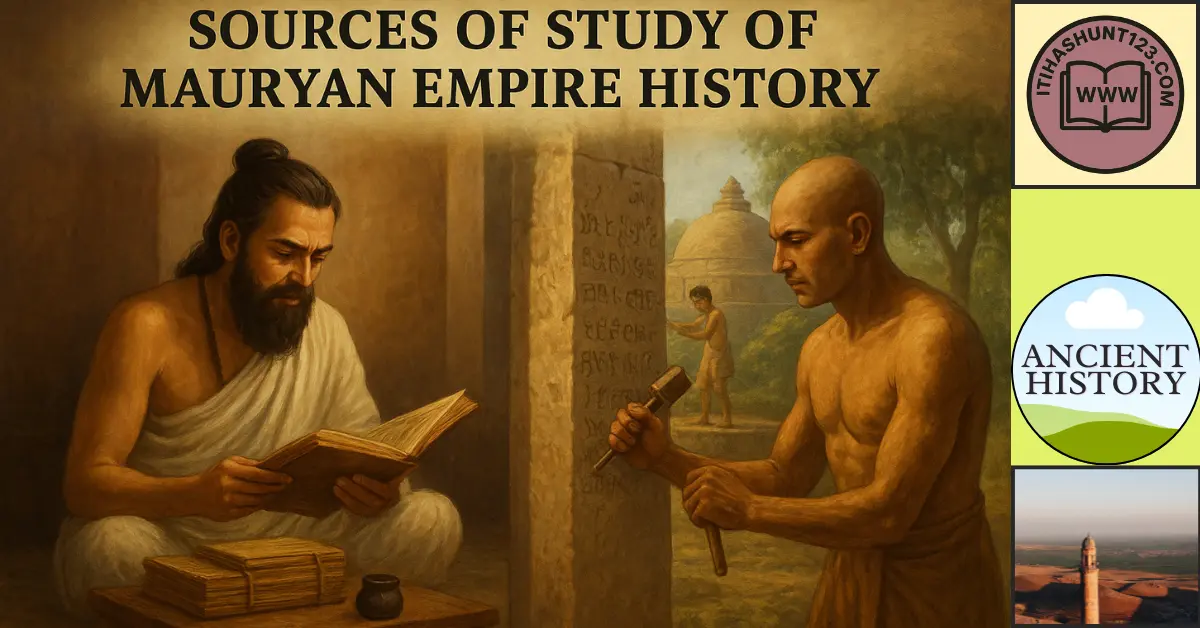 Ancient Indian scholar studying manuscripts and artisan carving Ashokan inscriptions