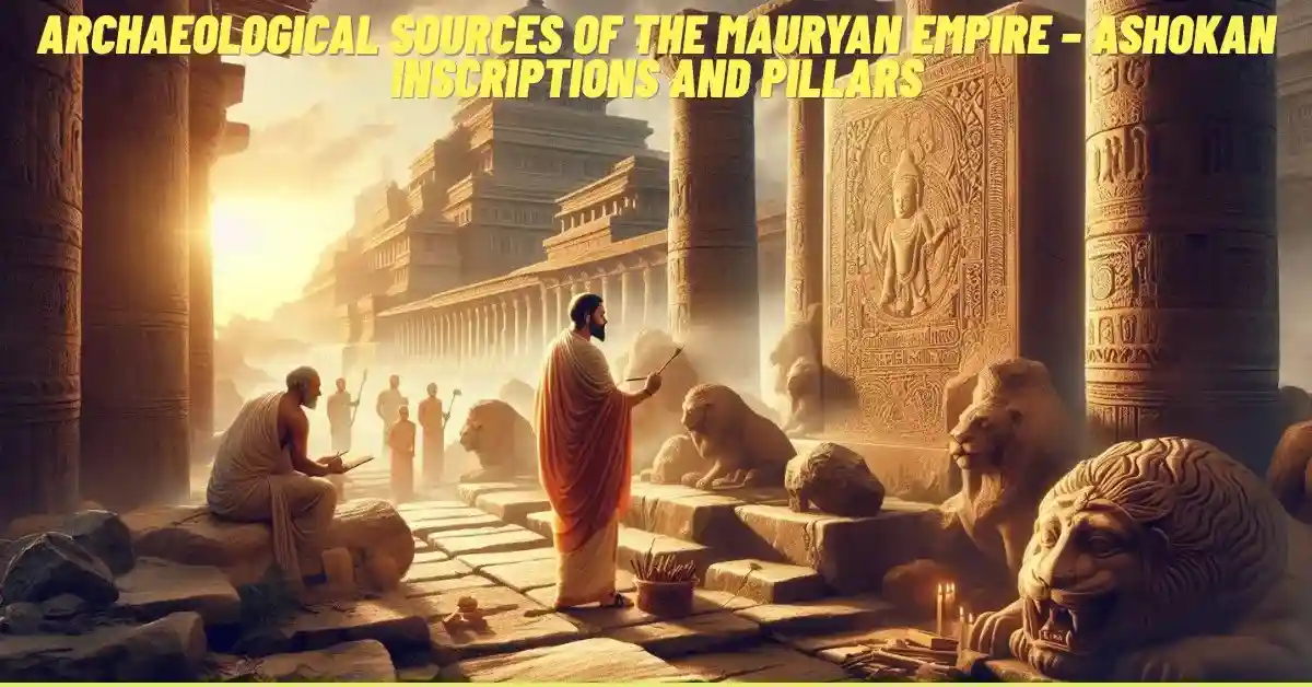 “Emperor Ashoka examining stone inscriptions and pillars of the Mauryan Empire with artisans in ancient Pataliputra.”