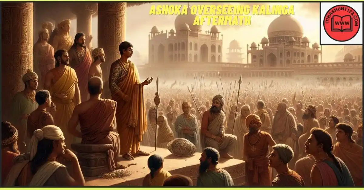 कलिंग युद्ध के बाद अशोक युद्ध के मैदान में घायल सैनिकों और प्रजा के साथ शांति का संदेश देते हुए