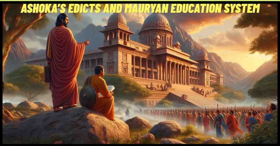 Emperor Ashoka and students near rock edicts representing education and moral teachings in Mauryan India