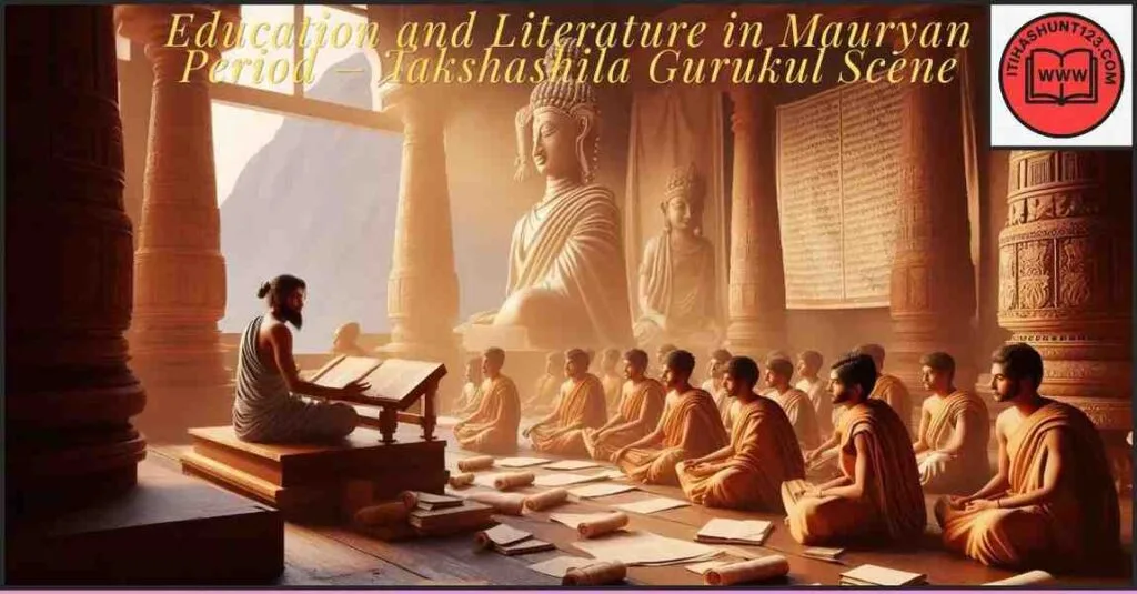 Ancient Mauryan education system at Takshashila Gurukul with students and teacher in India