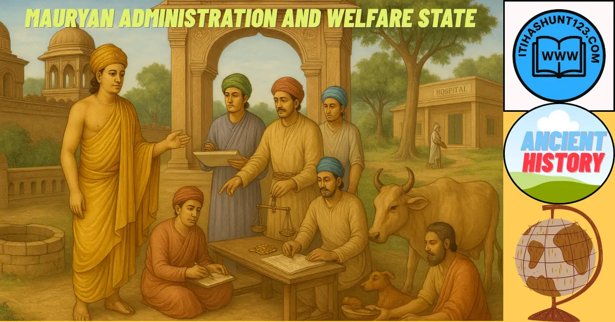 Mauryan Empire administration and welfare under Ashoka, depicting centralized governance, officials, and public welfare projects