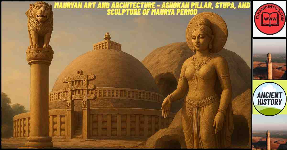 Ashokan pillar, Sanchi stupa, and Mauryan sculpture showing the artistic excellence of the Maurya Empire.