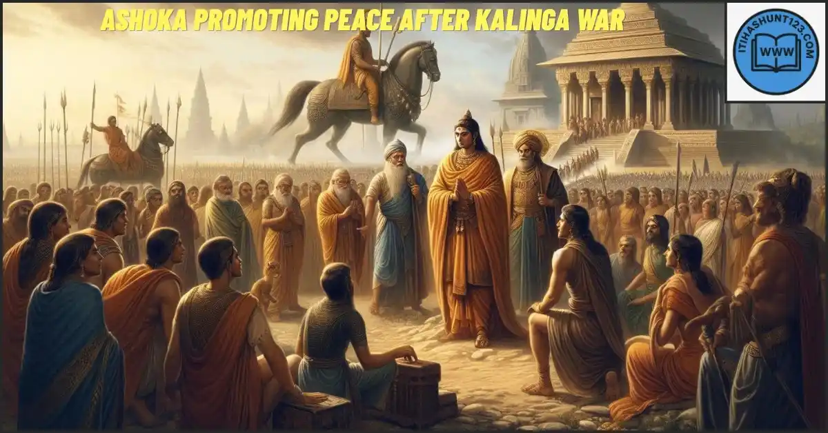 अशोक कलिंग युद्ध के बाद प्रजा और सैनिकों के साथ शांति और धर्म का संदेश देते हुए