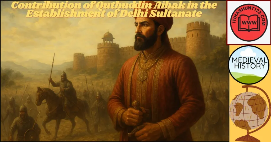 Qutbuddin Aibak leading the foundation of Delhi Sultanate with soldiers and forts in the background