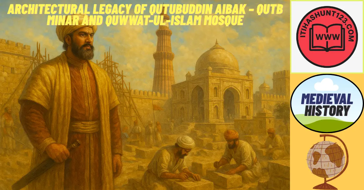A detailed historical view of Qutb Minar and Quwwat-ul-Islam Mosque built under Qutubuddin Aibak’s reign, showing artisans, domes, and early Indo-Islamic architecture.