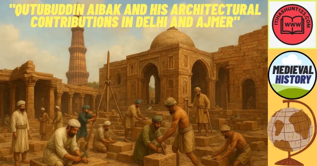 "क़ुतुबुद्दीन ऐबक के काल में क़ुतुब मीनार, कुव्वत-उल-इस्लाम मस्जिद और अढाई दिन का झोपड़ा का ऐतिहासिक चित्रण"