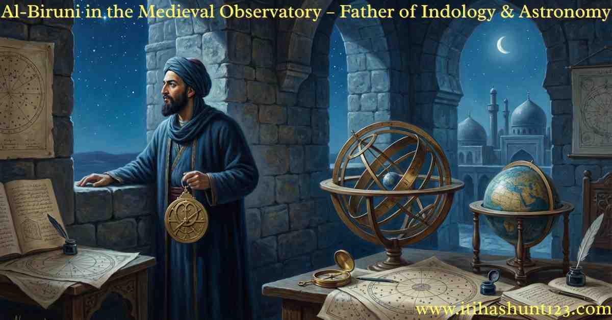 Al-Biruni observing stars from a medieval observatory with scientific instruments and celestial charts around him