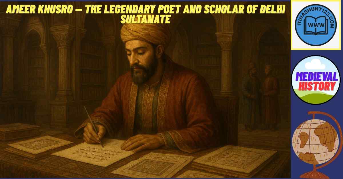 Ameer Khusro composing poetry and historical works in the Delhi Sultanate royal court
