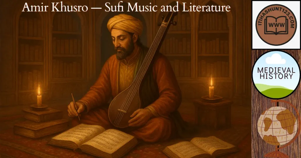 अमीर खुसरो तानपुरा के साथ काव्य और संगीत रचते हुए — सूफी साहित्य व संगीत