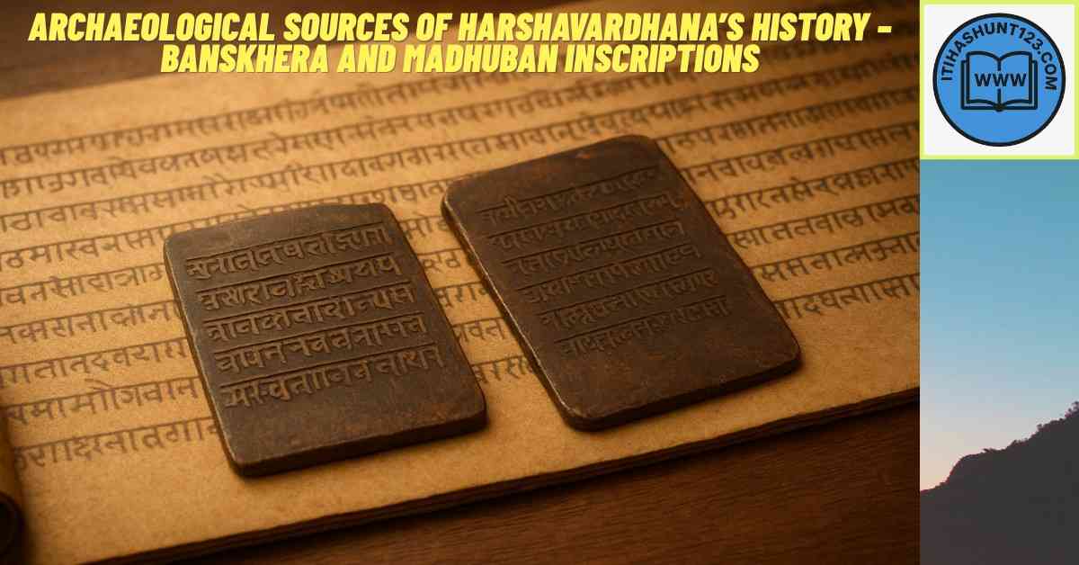 Banskhera and Madhuban copper plate inscriptions — archaeological sources of Harshavardhana’s history.