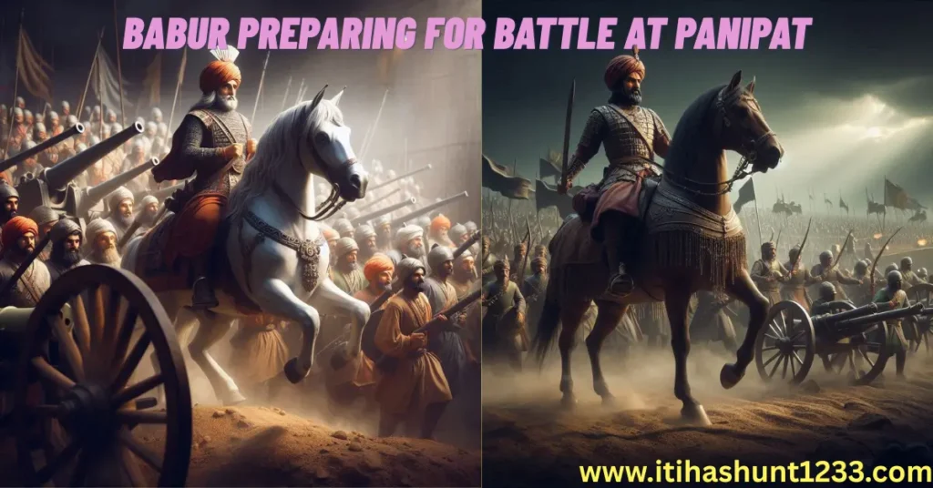 Babur on horseback leading the army with cannons at Panipat battlefield