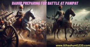 Babur on horseback leading the army with cannons at Panipat battlefield