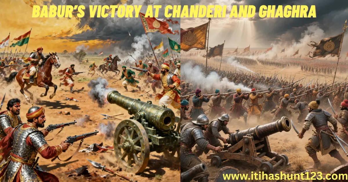 •	Babur’s army winning the Battle of Chanderi and Ghaghra with cannons and soldiers on a medieval Indian battlefield, HD historical illustration