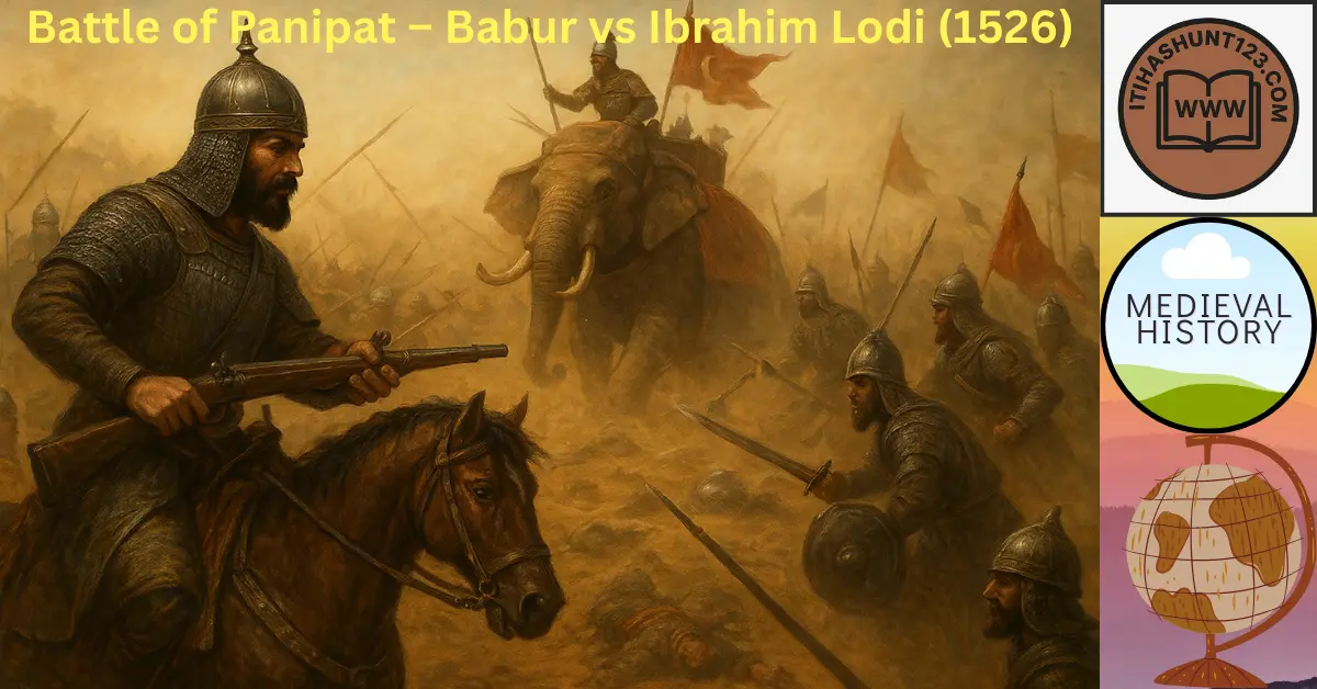 Battle of Panipat 1526 showing Babur and Ibrahim Lodi armies on the battlefield.