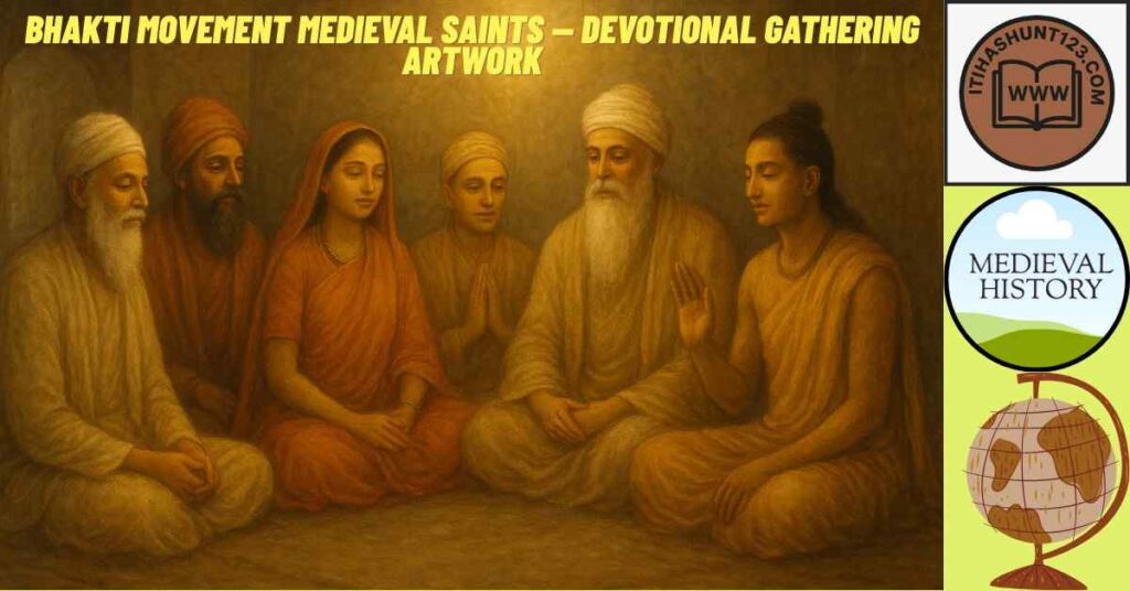 Bhakti Movement medieval saints together in satsang — Kabir, Guru Nanak, Mirabai, Tulsidas and others