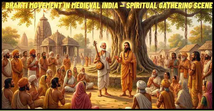 Devotees listening to Bhakti saints during the Bhakti Movement in India