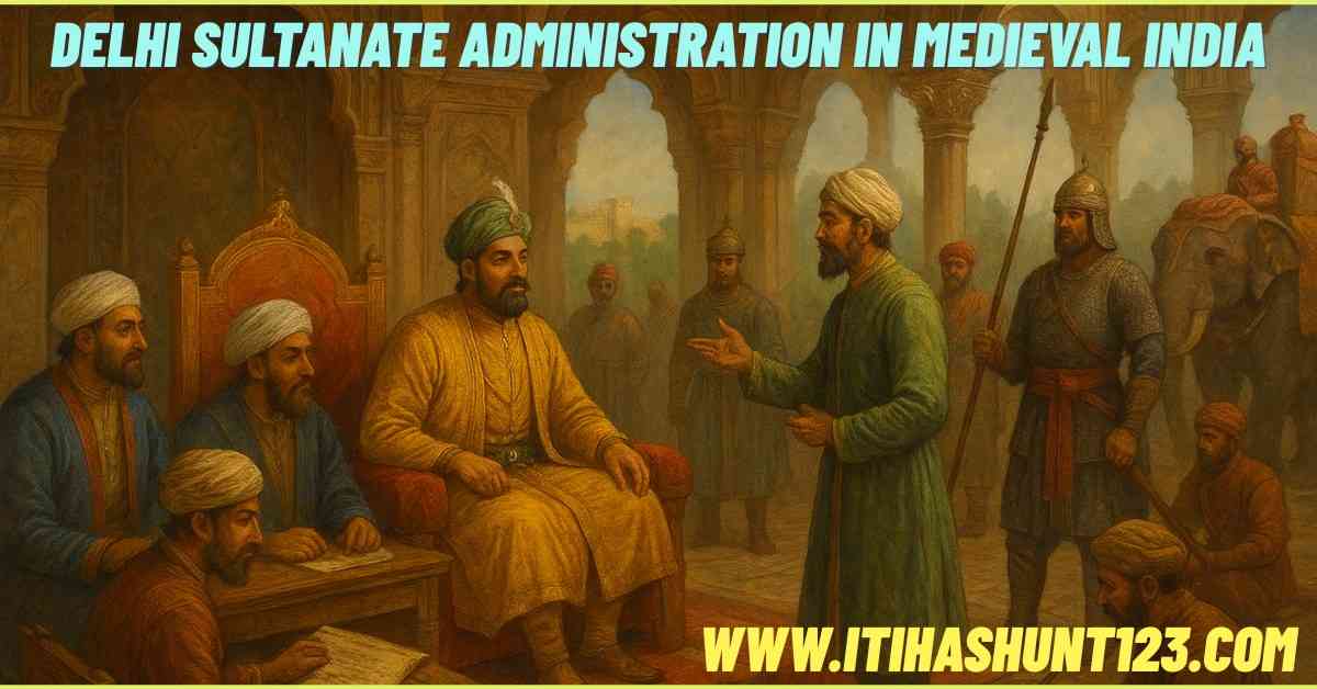 Illustration of Delhi Sultanate Sultan with ministers and soldiers, showing central administration in medieval India