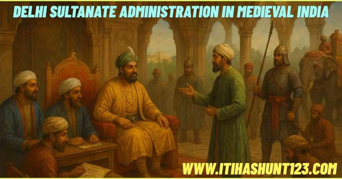 Illustration of Delhi Sultanate Sultan with ministers and soldiers, showing central administration in medieval India
