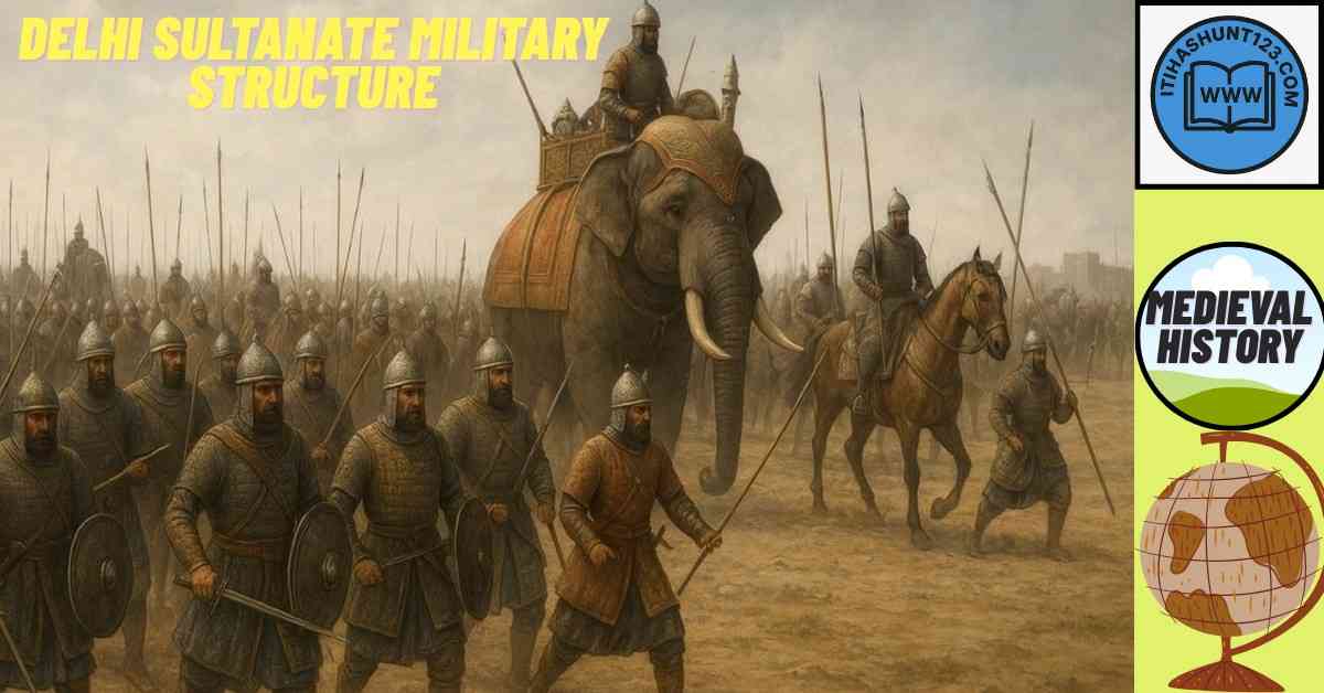 Delhi Sultanate army with foot soldiers, cavalry, and war elephants