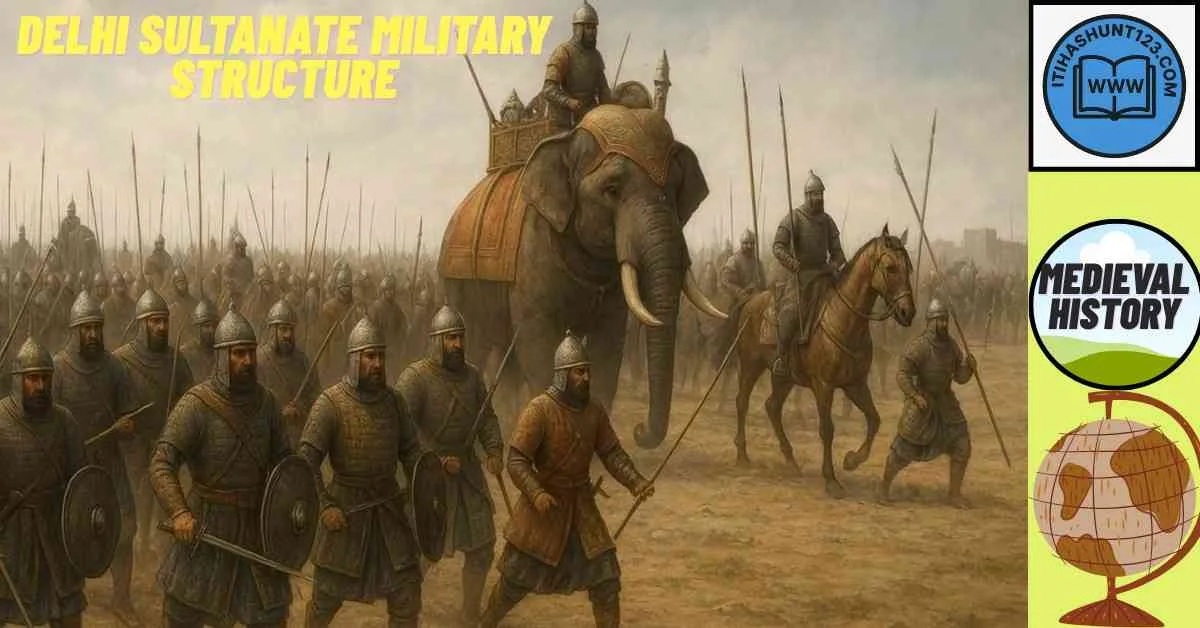 Delhi Sultanate army with foot soldiers, cavalry, and war elephants
