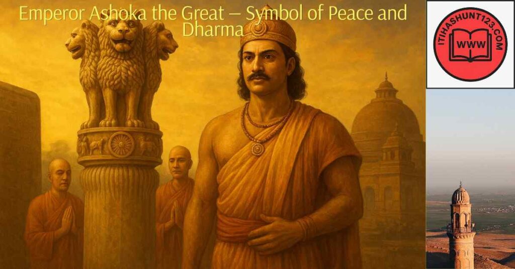 Emperor Ashoka the Great with the Sarnath Lion Capital symbolizing peace after the Kalinga War.