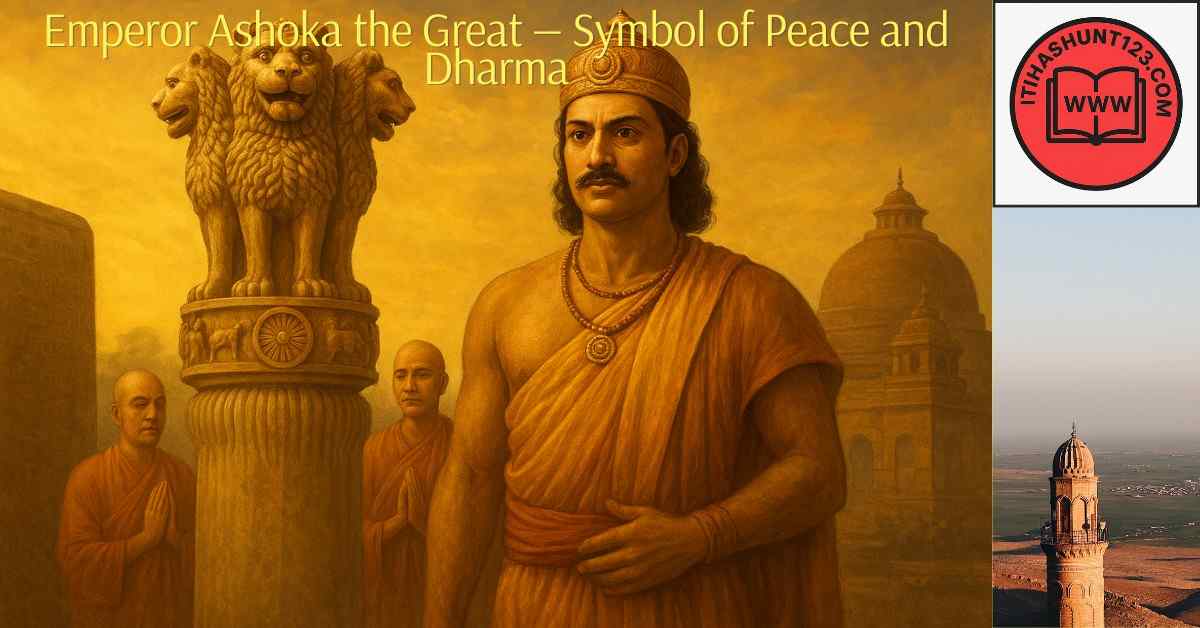 Emperor Ashoka the Great with the Sarnath Lion Capital symbolizing peace after the Kalinga War.