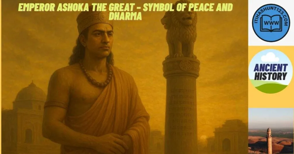 A realistic depiction of Ashoka the Great, the Mauryan emperor, promoting peace and Dharma with the Sarnath Lion Capital in the background.