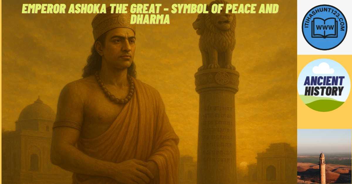 A realistic depiction of Ashoka the Great, the Mauryan emperor, promoting peace and Dharma with the Sarnath Lion Capital in the background.