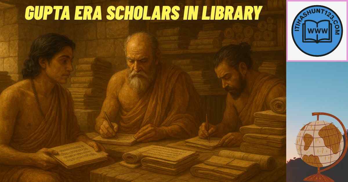Gupta period scholars reading Sanskrit manuscripts in ancient library
