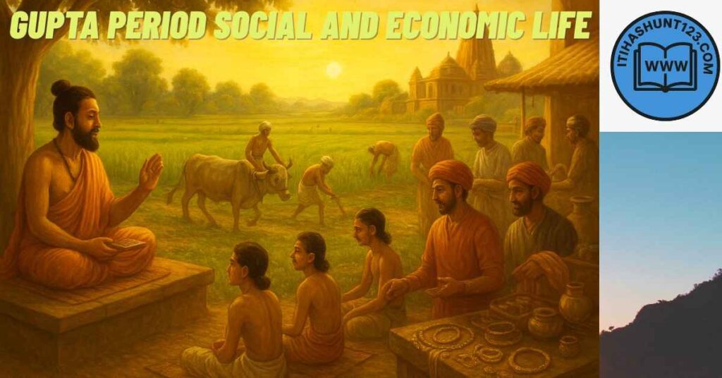 गुप्तकालीन समाज और अर्थव्यवस्था को दर्शाता हुआ यथार्थपरक चित्र — शिक्षा, कृषि, व्यापार और शिल्पकारों का जीवन।