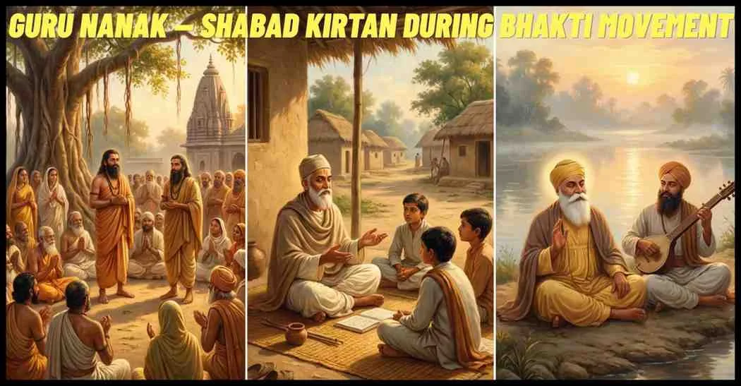 Guru Nanak singing hymns with disciples near a riverbank