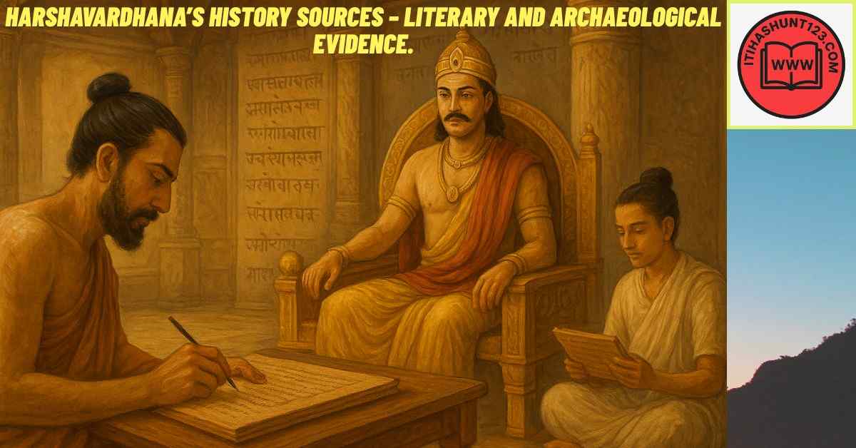 Sources of Harshavardhana’s history with Banabhatta writing Harshacharita and Harsha’s royal court scene.