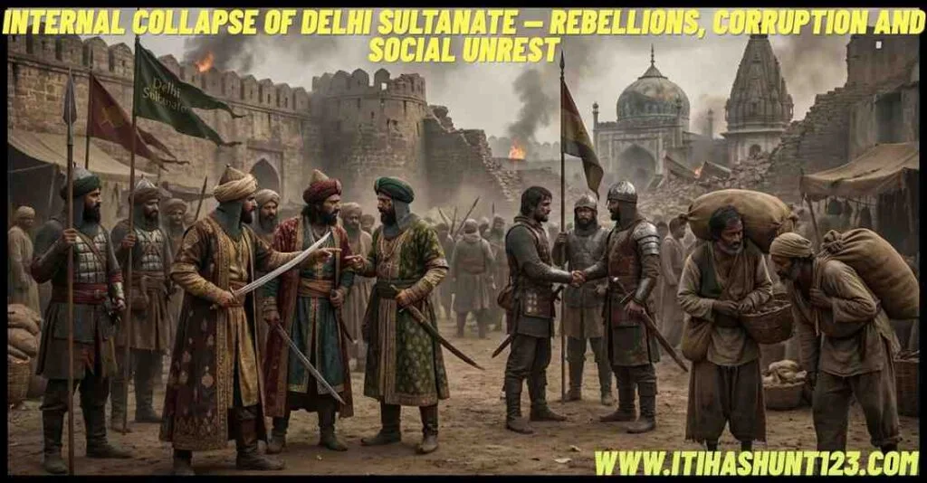 A visual depiction of rebellions, corruption, economic suffering and social disharmony during the decline of the Delhi Sultanate.